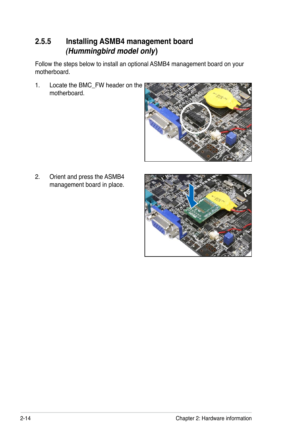 Installing asmb4 management board, Hummingbird model only) -14 | Asus Hummingbird User Manual | Page 30 / 112