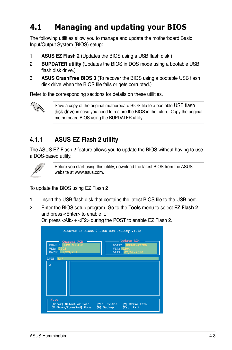 1 managing and updating your bios, 1 asus ez flash 2 utility, Managing and updating your bios -3 4.1.1 | Asus ez flash 2 utility -3 | Asus Hummingbird User Manual | Page 47 / 112