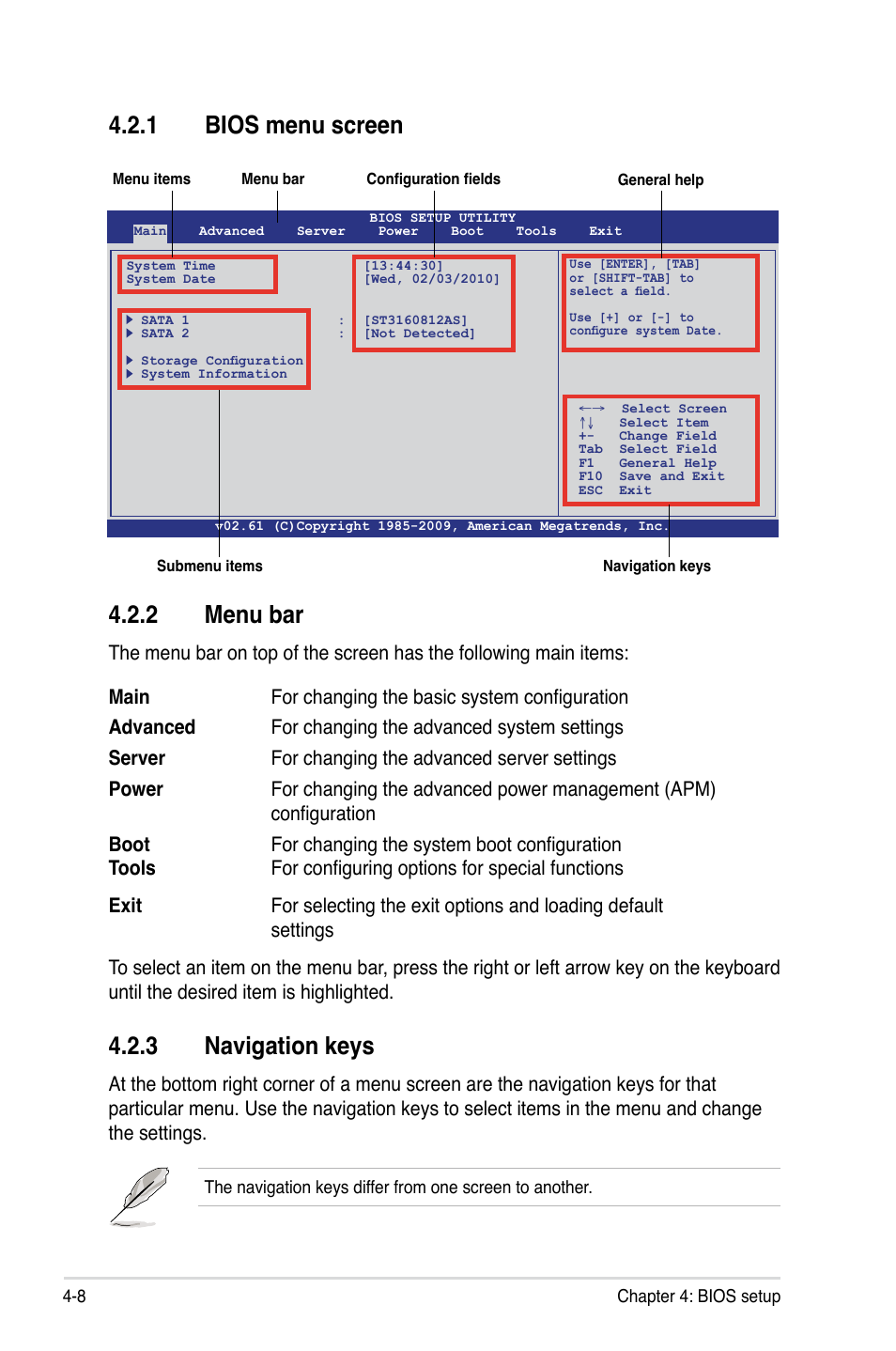 1 bios menu screen, 2 menu bar, 3 navigation keys | Bios menu screen -8, Menu bar -8, Navigation keys -8 | Asus Hummingbird User Manual | Page 52 / 112