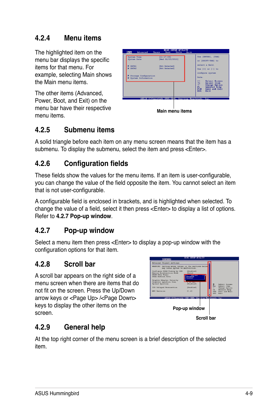 4 menu items, 5 submenu items, 6 configuration fields | 7 pop-up window, 8 scroll bar, 9 general help, Menu items -9, Submenu items -9, Configuration fields -9, Pop-up window -9 | Asus Hummingbird User Manual | Page 53 / 112