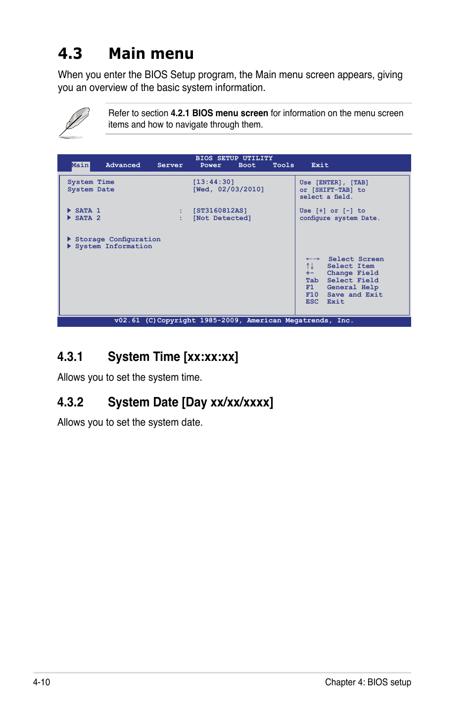 3 main menu, 1 system time [xx:xx:xx, 2 system date [day xx/xx/xxxx | Main menu -10 4.3.1, System time [xx:xx:xx] -10, System date [day xx/xx/xxxx] -10, Allows you to set the system time, Allows you to set the system date | Asus Hummingbird User Manual | Page 54 / 112