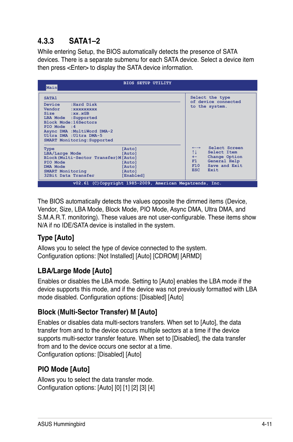 3 sata1–2, Sata1–2 -11, Type [auto | Lba/large mode [auto, Block (multi-sector transfer) m [auto, Pio mode [auto | Asus Hummingbird User Manual | Page 55 / 112