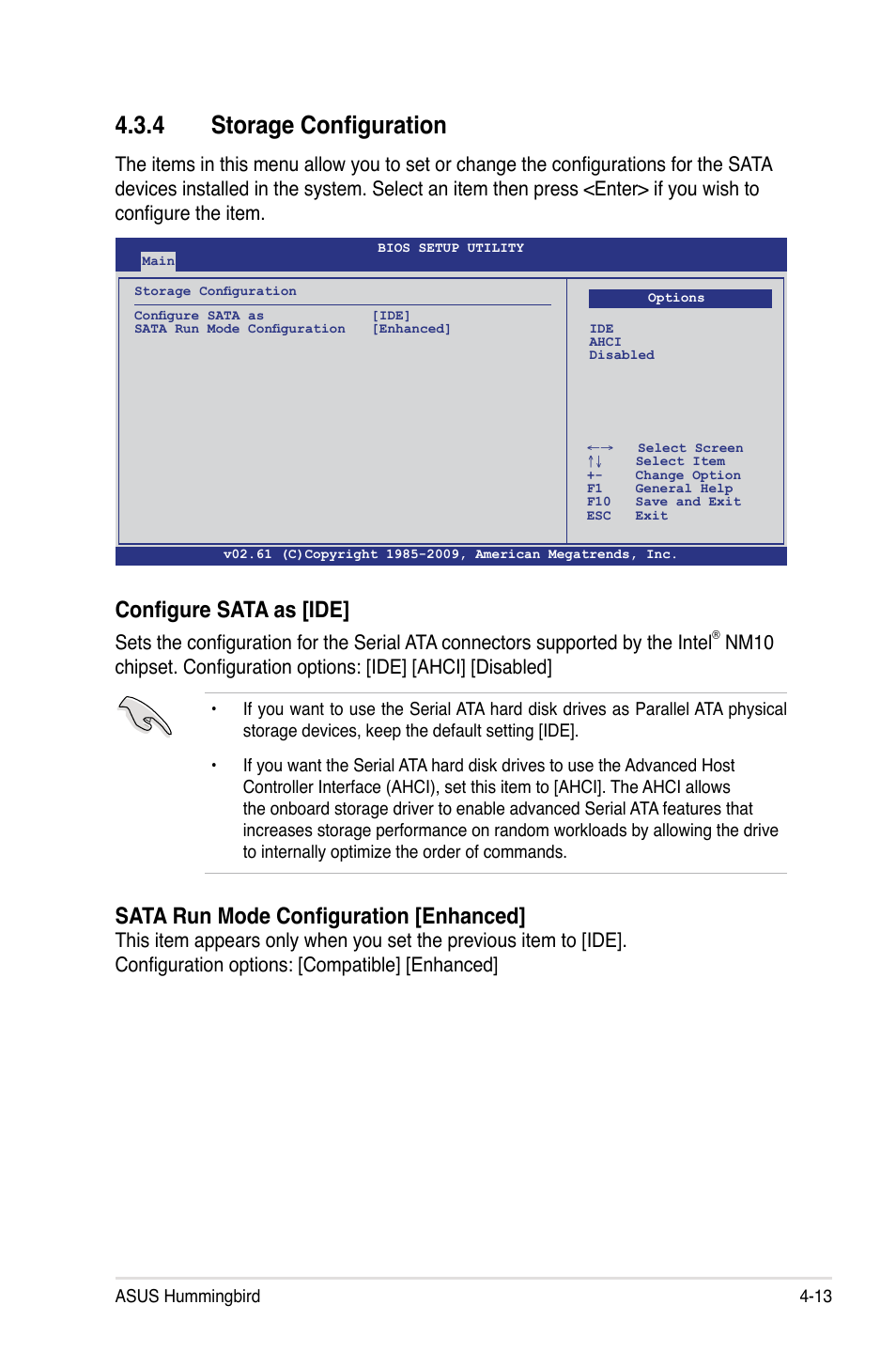 4 storage configuration, Storage configuration -13, Configure sata as [ide | Sata run mode configuration [enhanced | Asus Hummingbird User Manual | Page 57 / 112