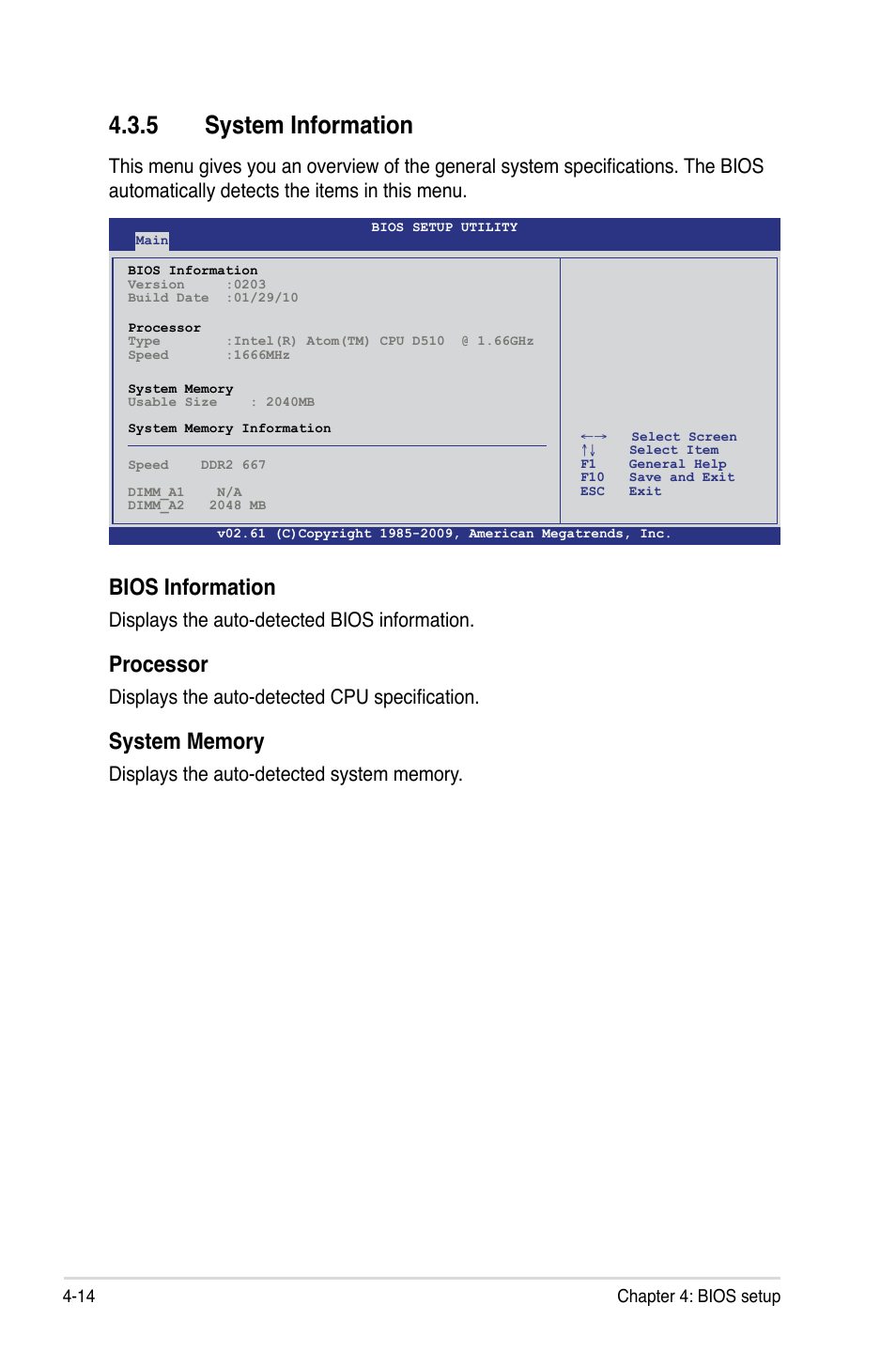 5 system information, System information -14, Bios information | Processor, Displays the auto-detected bios information, Displays the auto-detected cpu specification | Asus Hummingbird User Manual | Page 58 / 112