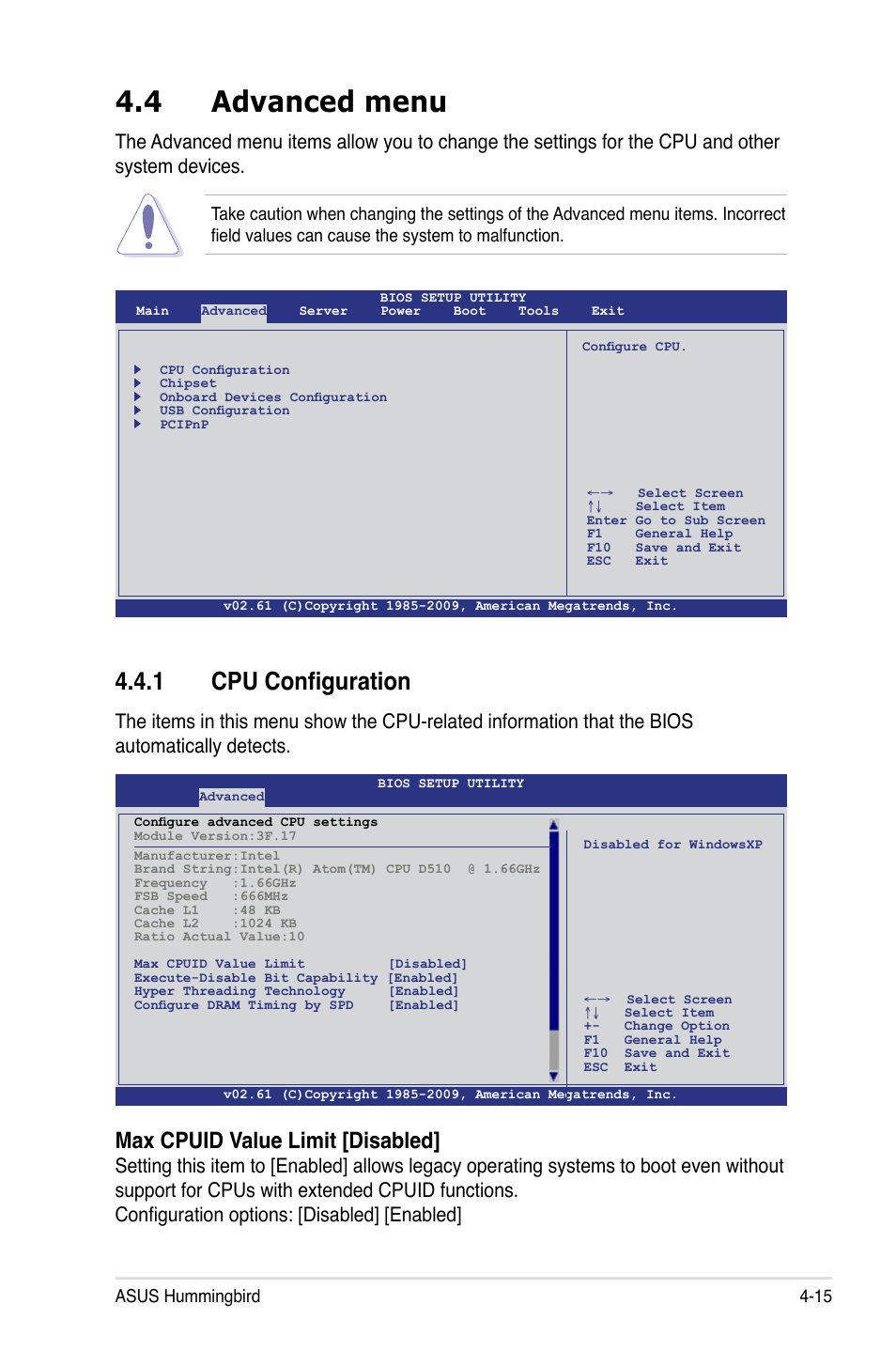 4 advanced menu, 1 cpu configuration, Advanced menu -15 4.4.1 | Cpu configuration -15, Max cpuid value limit [disabled | Asus Hummingbird User Manual | Page 59 / 112