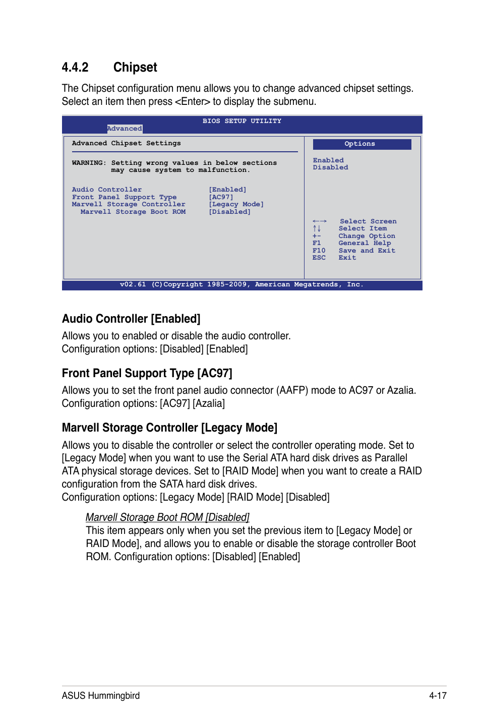 2 chipset, Chipset -17, Audio controller [enabled | Front panel support type [ac97, Marvell storage controller [legacy mode | Asus Hummingbird User Manual | Page 61 / 112