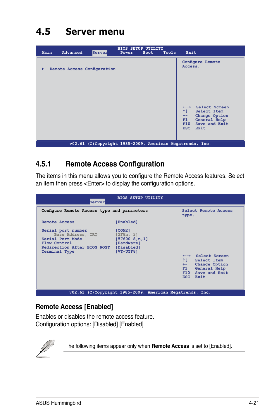 5 server menu, 1 remote access configuration, Server menu -21 4.5.1 | Remote access configuration -21, Remote access [enabled | Asus Hummingbird User Manual | Page 65 / 112