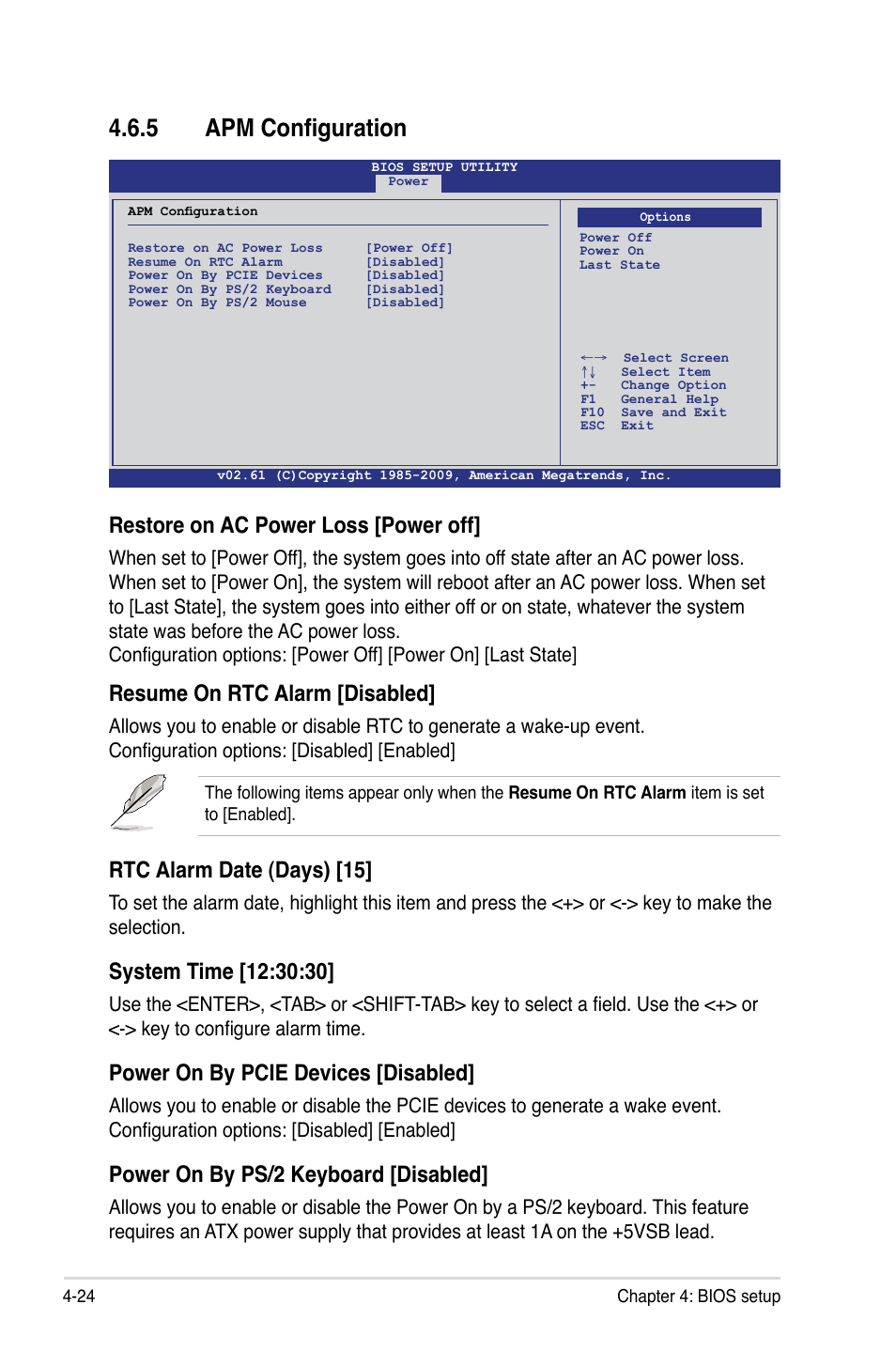 5 apm configuration, Apm configuration -24, Restore on ac power loss [power off | Resume on rtc alarm [disabled, Rtc alarm date (days) [15, Power on by pcie devices [disabled, Power on by ps/2 keyboard [disabled | Asus Hummingbird User Manual | Page 68 / 112