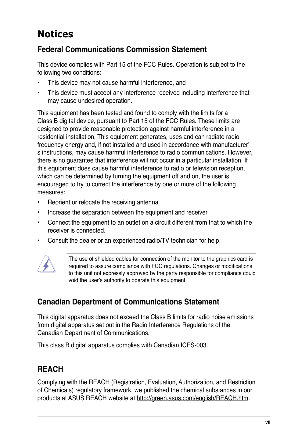 Notices, Federal communications commission statement, Canadian department of communications statement | Reach | Asus Hummingbird User Manual | Page 7 / 112