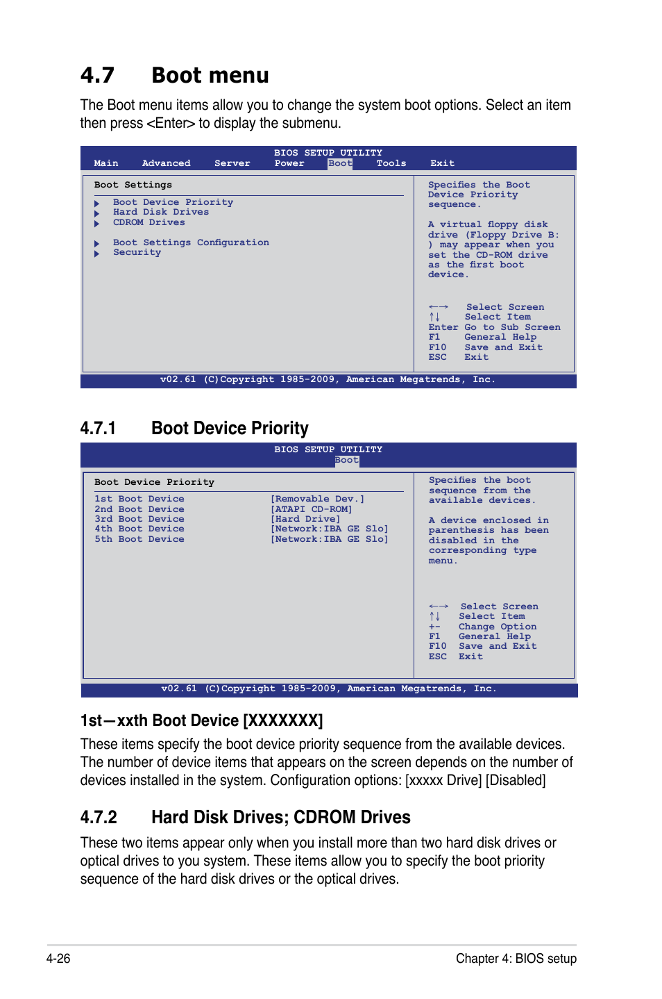 7 boot menu, 1 boot device priority, 2 hard disk drives; cdrom drives | Boot menu -26 4.7.1, Boot device priority -26, Hard disk drives; cdrom drives -26 | Asus Hummingbird User Manual | Page 70 / 112