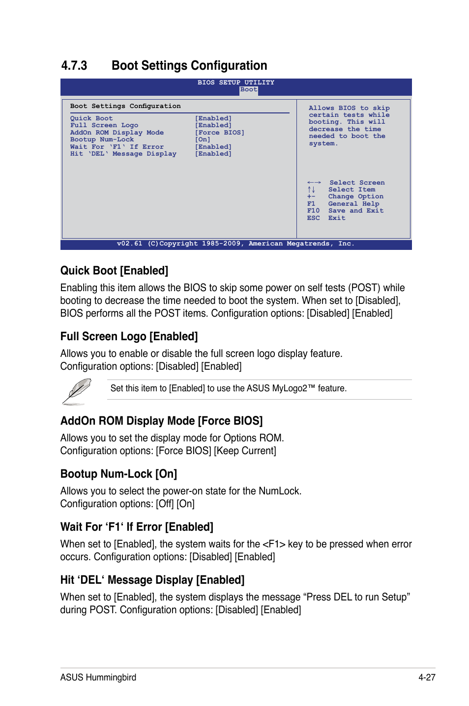 3 boot settings configuration, Boot settings configuration -27, Quick boot [enabled | Full screen logo [enabled, Addon rom display mode [force bios, Bootup num-lock [on, Wait for ‘f1‘ if error [enabled, Hit ‘del‘ message display [enabled | Asus Hummingbird User Manual | Page 71 / 112