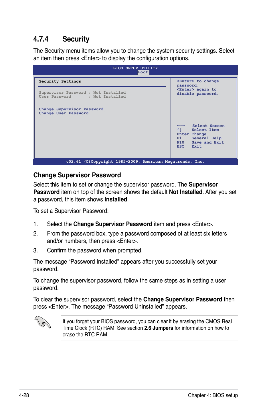 4 security, Security -28, Change supervisor password | Asus Hummingbird User Manual | Page 72 / 112