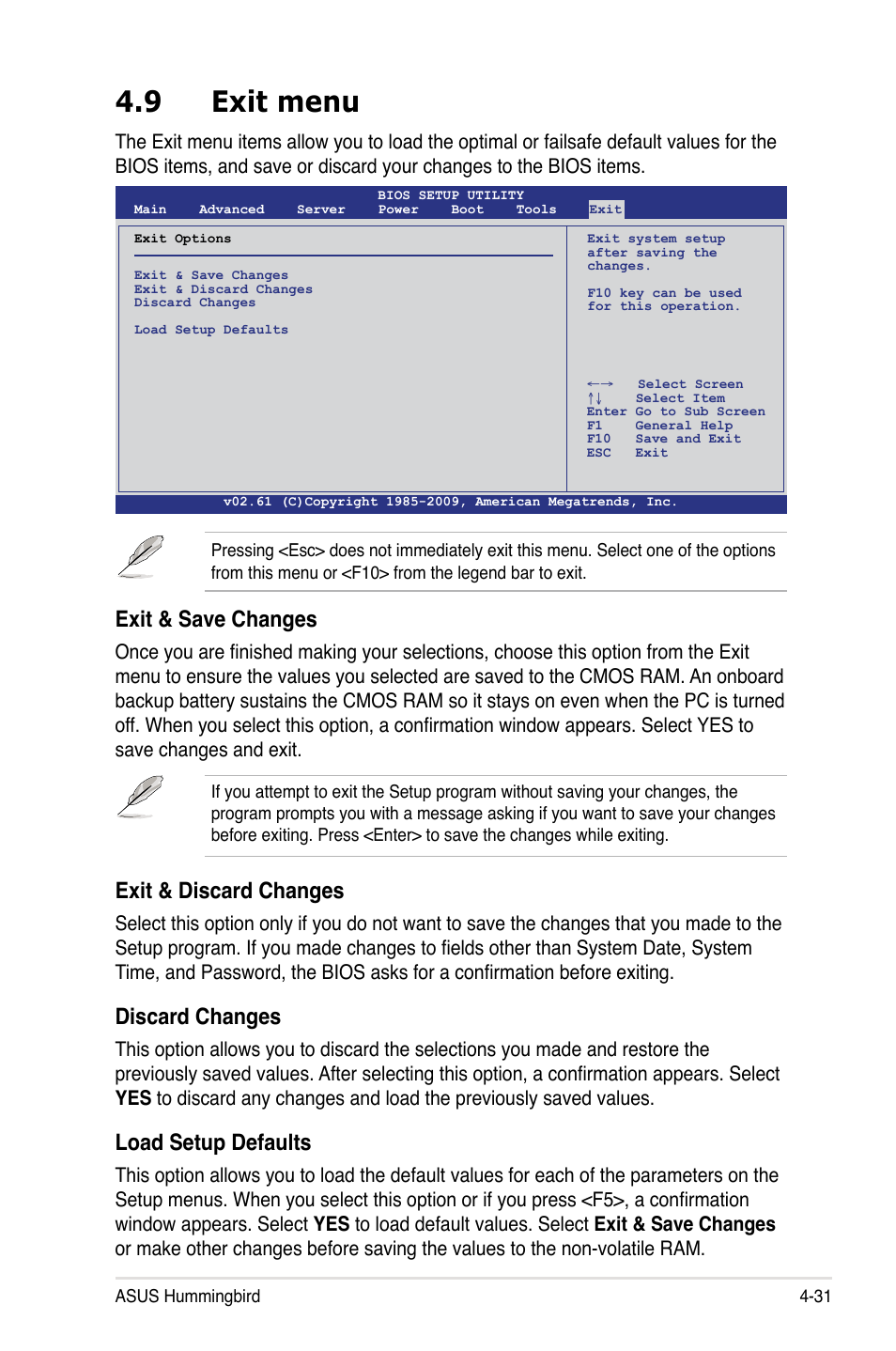 9 exit menu, Exit menu -31, Exit & save changes | Exit & discard changes, Discard changes, Load setup defaults | Asus Hummingbird User Manual | Page 75 / 112