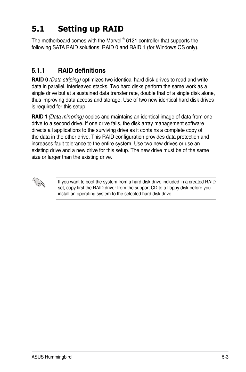 1 setting up raid, 1 raid definitions, Setting up raid -3 5.1.1 | Raid definitions -3 | Asus Hummingbird User Manual | Page 79 / 112