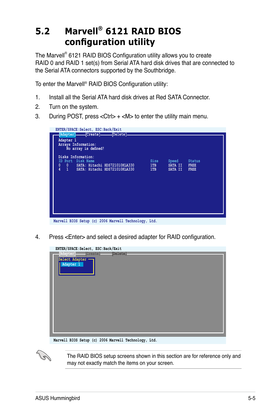 2 marvell® 6121 raid bios configuration utility, Marvell, 6121 raid bios configuration utility -5 | 2 marvell, 6121 raid bios configuration utility | Asus Hummingbird User Manual | Page 81 / 112