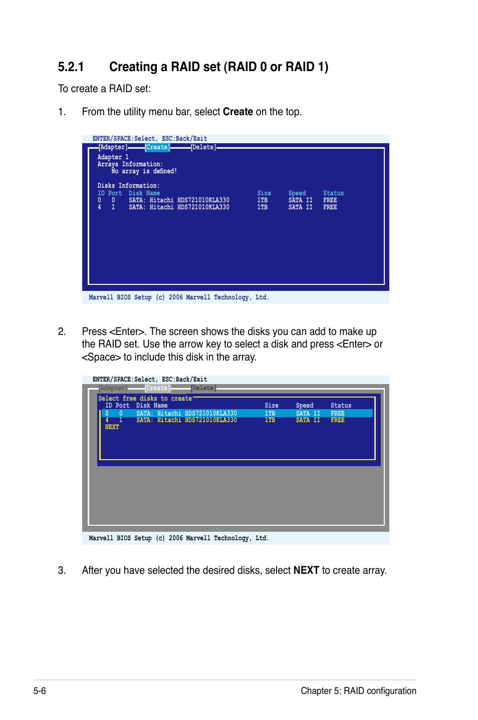 1 creating a raid set (raid 0 or raid 1), Creating a raid set (raid 0 or raid 1) -6 | Asus Hummingbird User Manual | Page 82 / 112