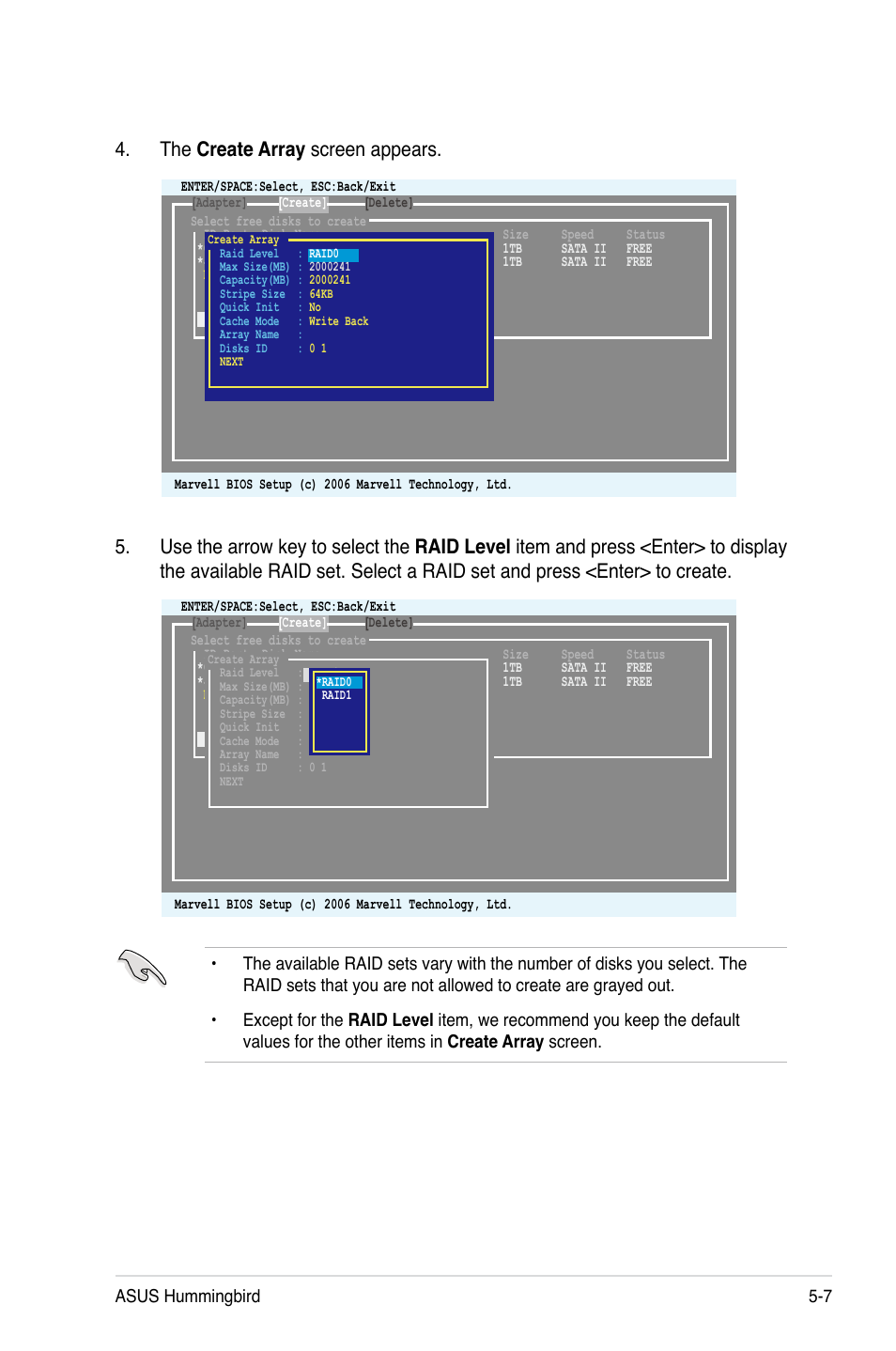 The create array screen appears, Asus hummingbird 5-7 | Asus Hummingbird User Manual | Page 83 / 112