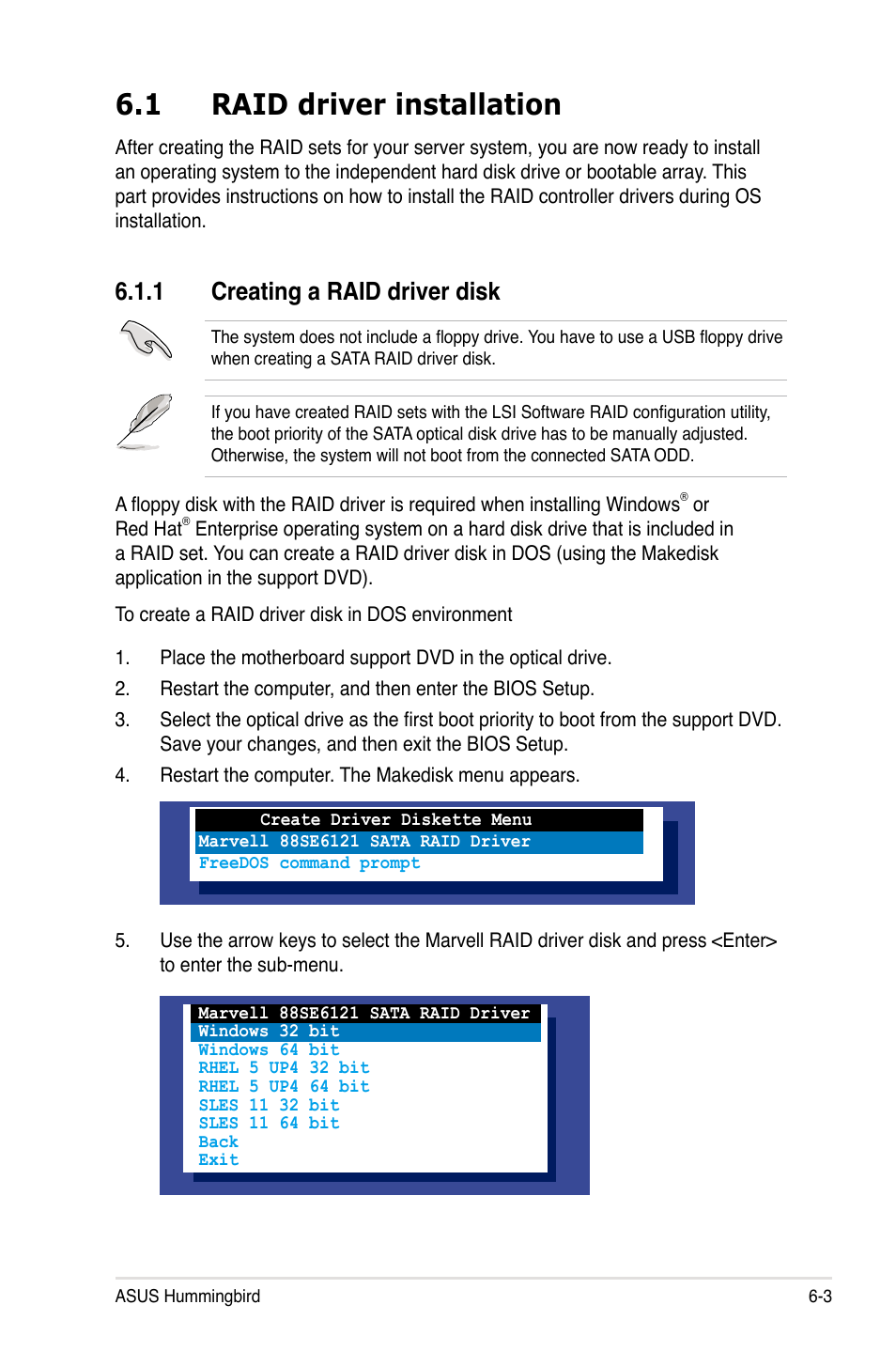 1 raid driver installation, 1 creating a raid driver disk, Raid driver installation -3 6.1.1 | Creating a raid driver disk -3 | Asus Hummingbird User Manual | Page 89 / 112
