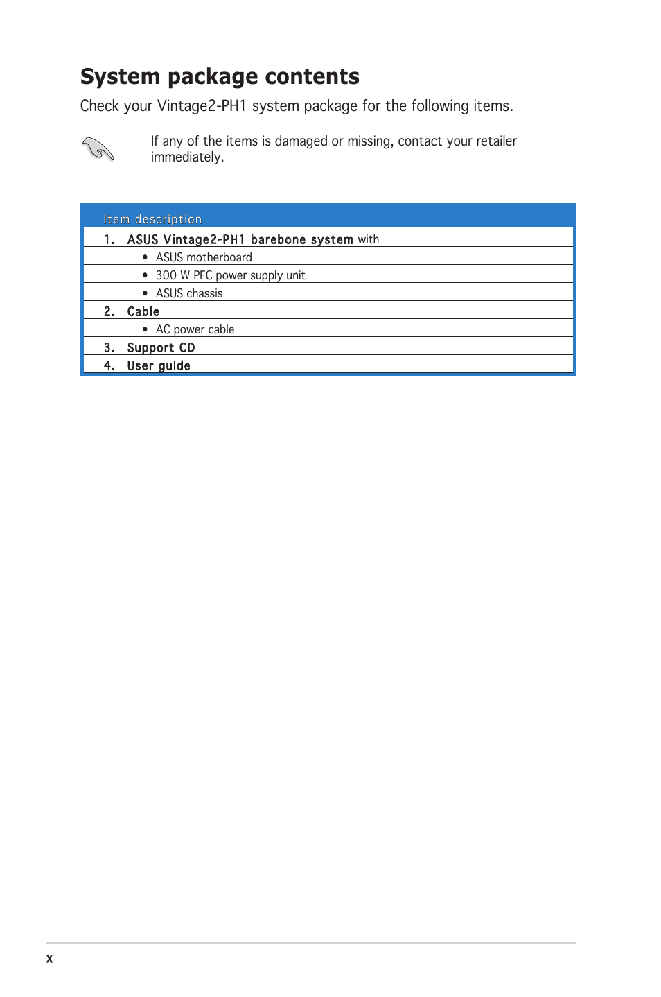 System package contents | Asus V2-PH1 User Manual | Page 10 / 104