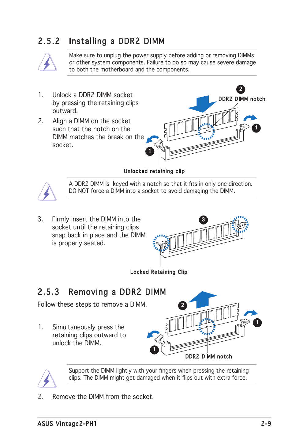 3 removing a ddr2 dimm, 2 installing a ddr2 dimm | Asus V2-PH1 User Manual | Page 27 / 104