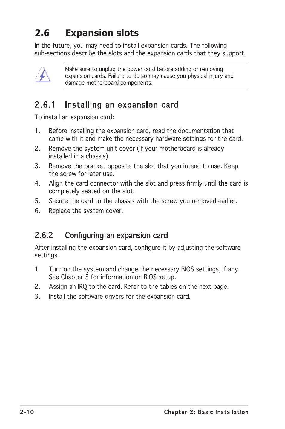 6 expansion slots, 1 installing an expansion card, 2 conﬁguring an expansion card | Asus V2-PH1 User Manual | Page 28 / 104