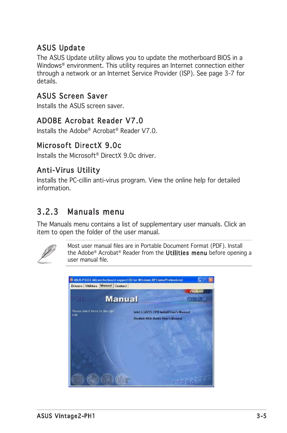 3 manuals menu, Asus update, Asus screen saver | Adobe acrobat reader v7.0, Microsoft directx 9.0c, Anti-virus utility | Asus V2-PH1 User Manual | Page 43 / 104