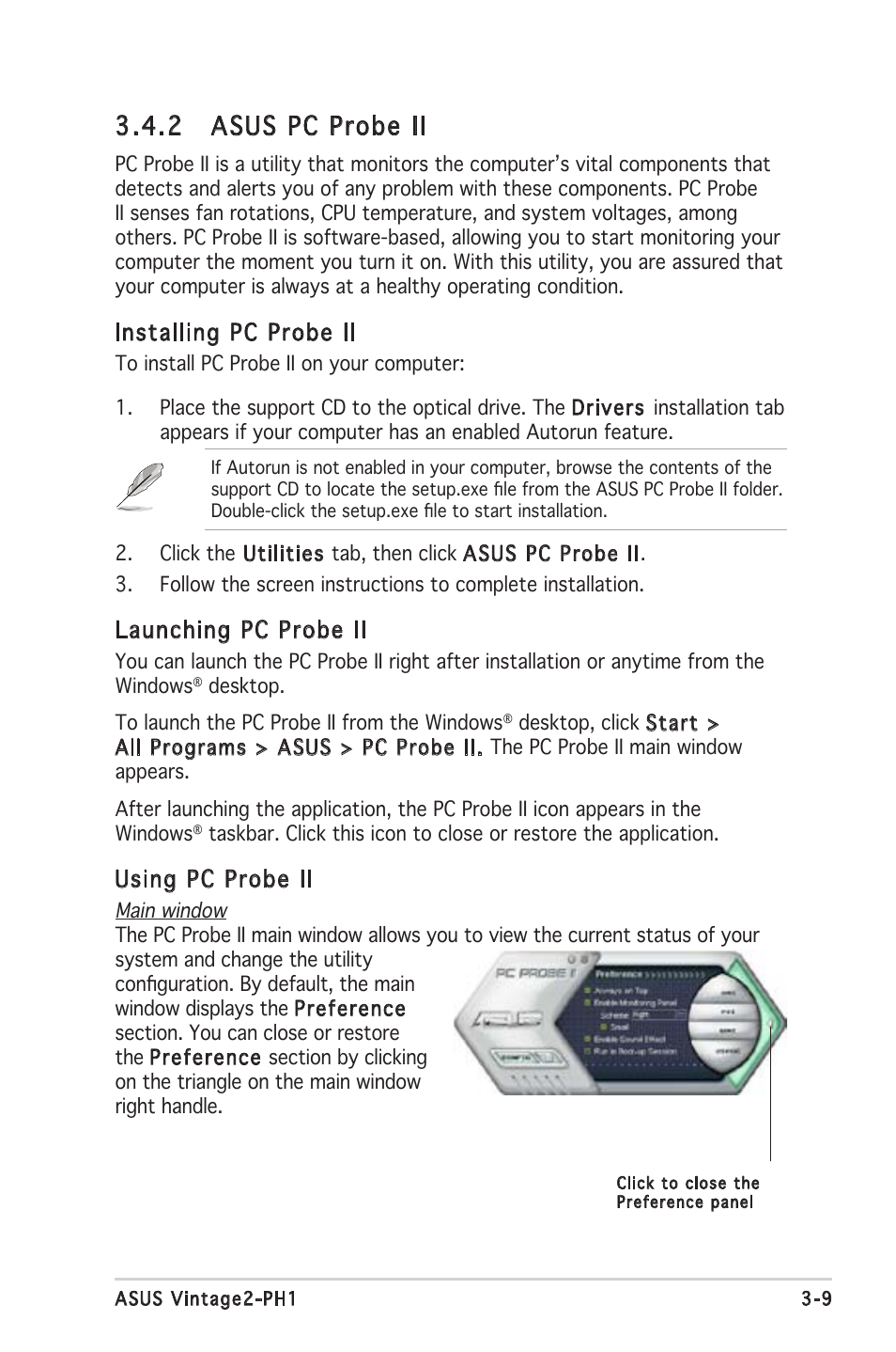 2 asus pc probe ii, Installing pc probe ii, Launching pc probe ii | Using pc probe ii | Asus V2-PH1 User Manual | Page 47 / 104