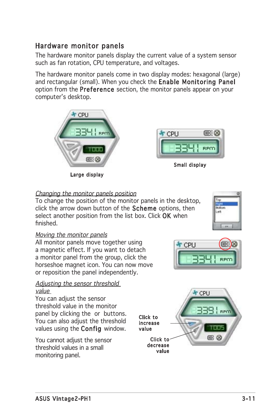 Hardware monitor panels | Asus V2-PH1 User Manual | Page 49 / 104