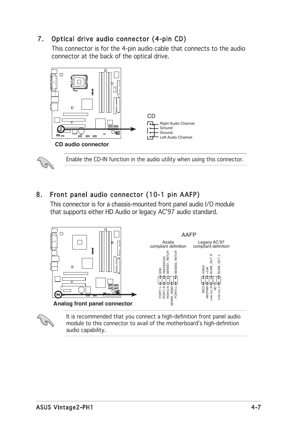 7 asus vintage2-ph1, Cd audio connector cd, Analog front panel connector aafp | Asus V2-PH1 User Manual | Page 59 / 104