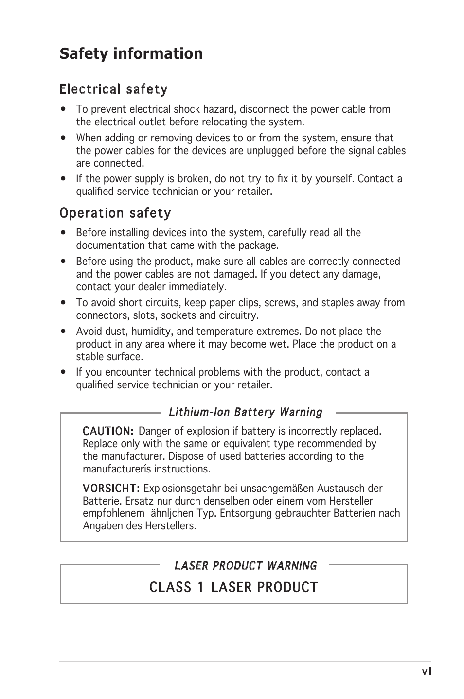 Safety information, Electrical safety, Operation safety | Class 1 laser product | Asus V2-PH1 User Manual | Page 7 / 104