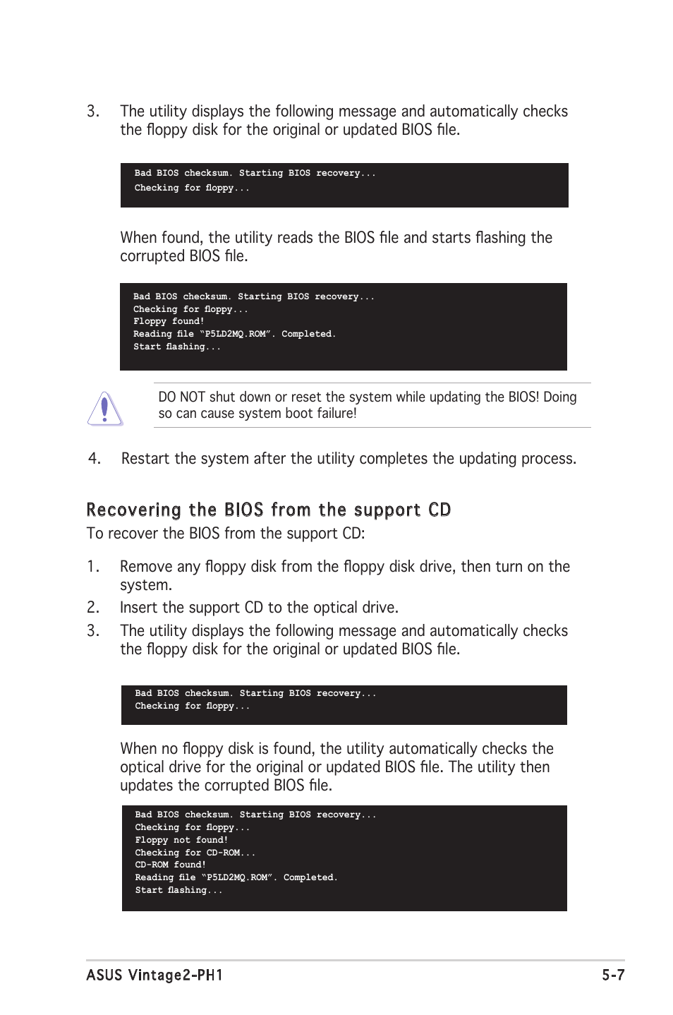 Recovering the bios from the support cd | Asus V2-PH1 User Manual | Page 71 / 104