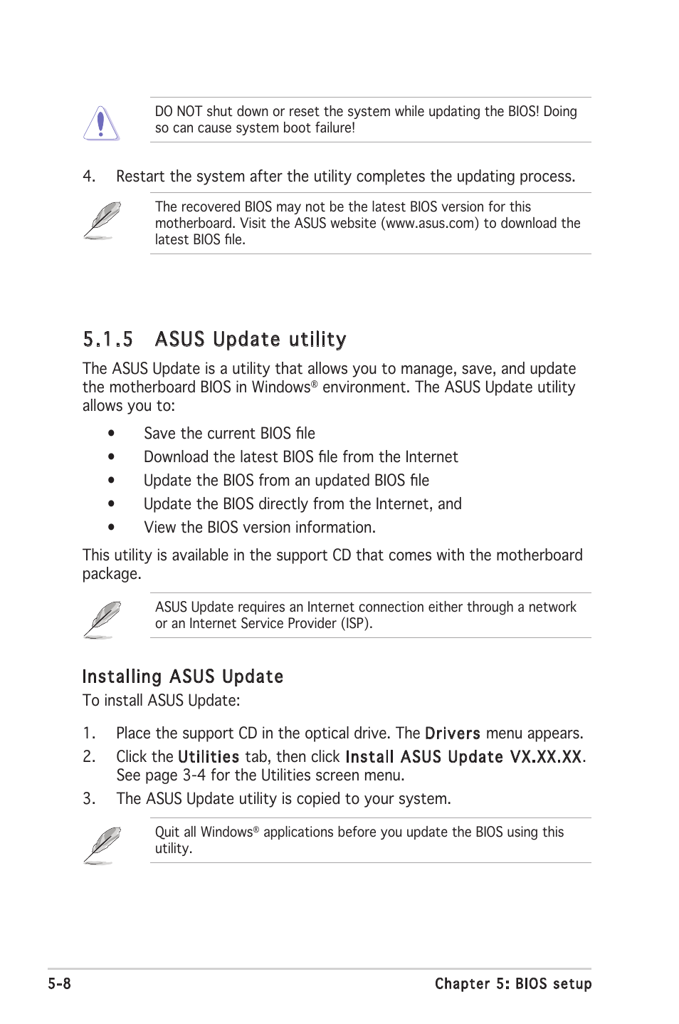 5 asus update utility, Installing asus update | Asus V2-PH1 User Manual | Page 72 / 104