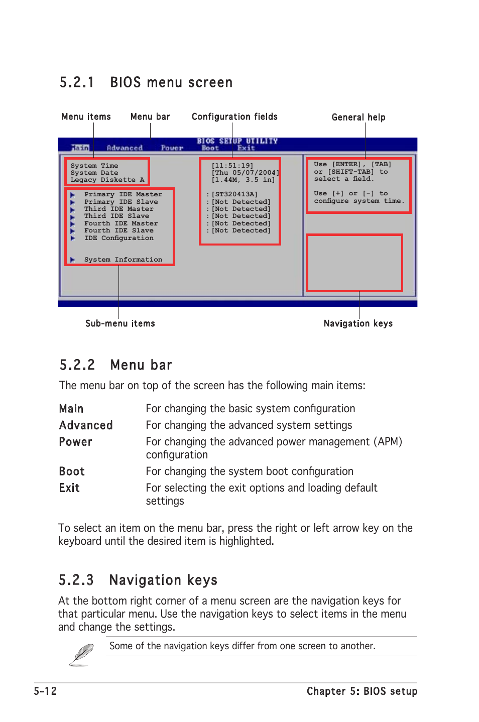 2 menu bar, 1 bios menu screen, 3 navigation keys | Asus V2-PH1 User Manual | Page 76 / 104