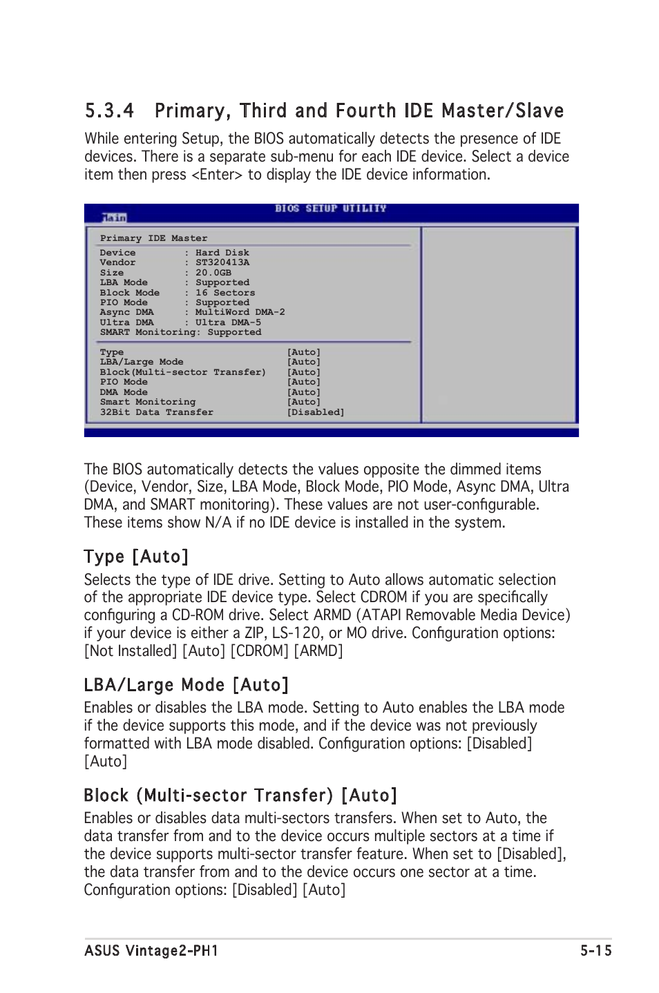 4 primary, third and fourth ide master/slave, Type [auto, Lba/large mode [auto | Block (multi-sector transfer) [auto | Asus V2-PH1 User Manual | Page 79 / 104