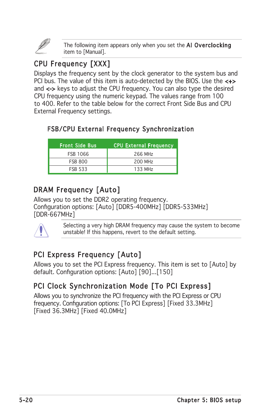 Dram frequency [auto, Cpu frequency [xxx, Pci express frequency [auto | Pci clock synchronization mode [to pci express | Asus V2-PH1 User Manual | Page 84 / 104