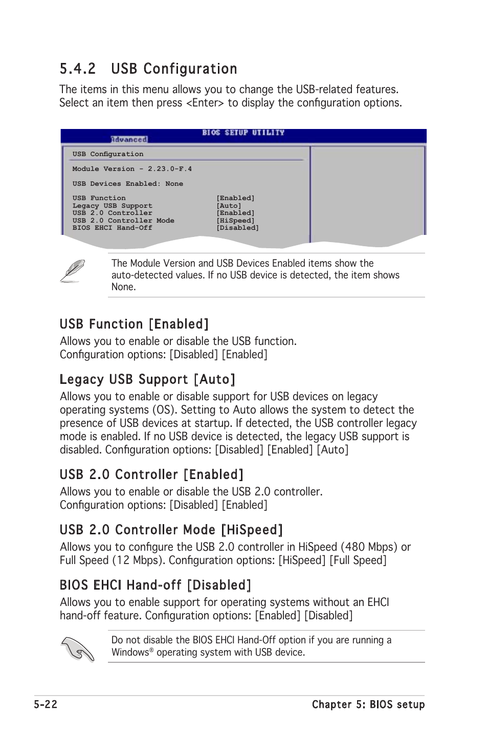 2 usb configuration, Usb function [enabled, Legacy usb support [auto | Usb 2.0 controller [enabled, Usb 2.0 controller mode [hispeed, Bios ehci hand-off [disabled | Asus V2-PH1 User Manual | Page 86 / 104