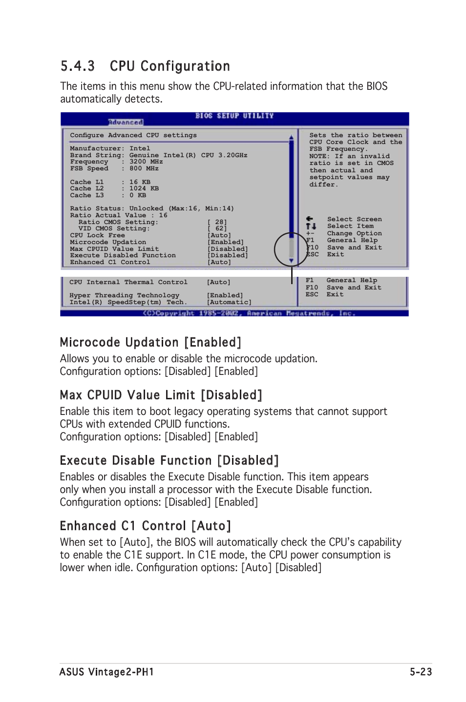 3 cpu configuration, Microcode updation [enabled, Max cpuid value limit [disabled | Execute disable function [disabled, Enhanced c1 control [auto | Asus V2-PH1 User Manual | Page 87 / 104