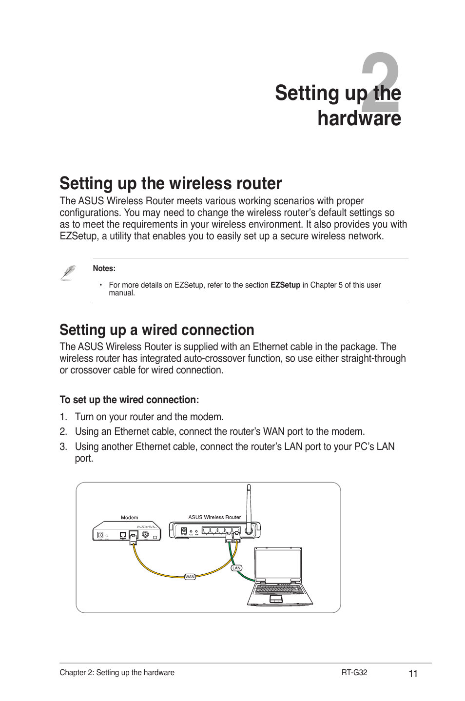 Setting up the hardware, Setting up the wireless router, Setting up a wired connection | Asus RT-G32 User Manual | Page 11 / 44