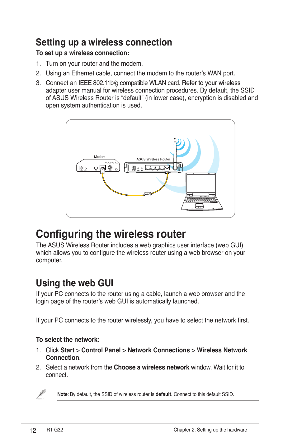 Setting up a wireless connection, Configuring the wireless router, Using the web gui | Asus RT-G32 User Manual | Page 12 / 44