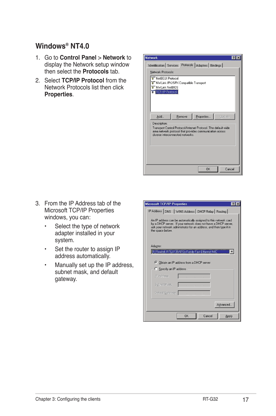 Windows, Nt4.0 | Asus RT-G32 User Manual | Page 17 / 44