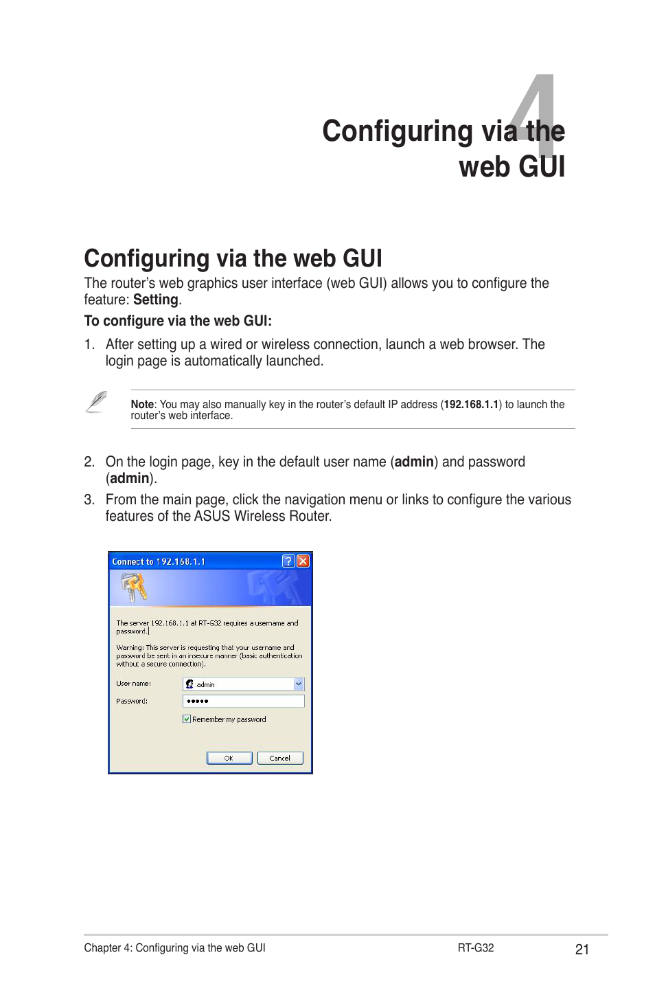 Configuring via the web gui, Configuring via the web ui | Asus RT-G32 User Manual | Page 21 / 44