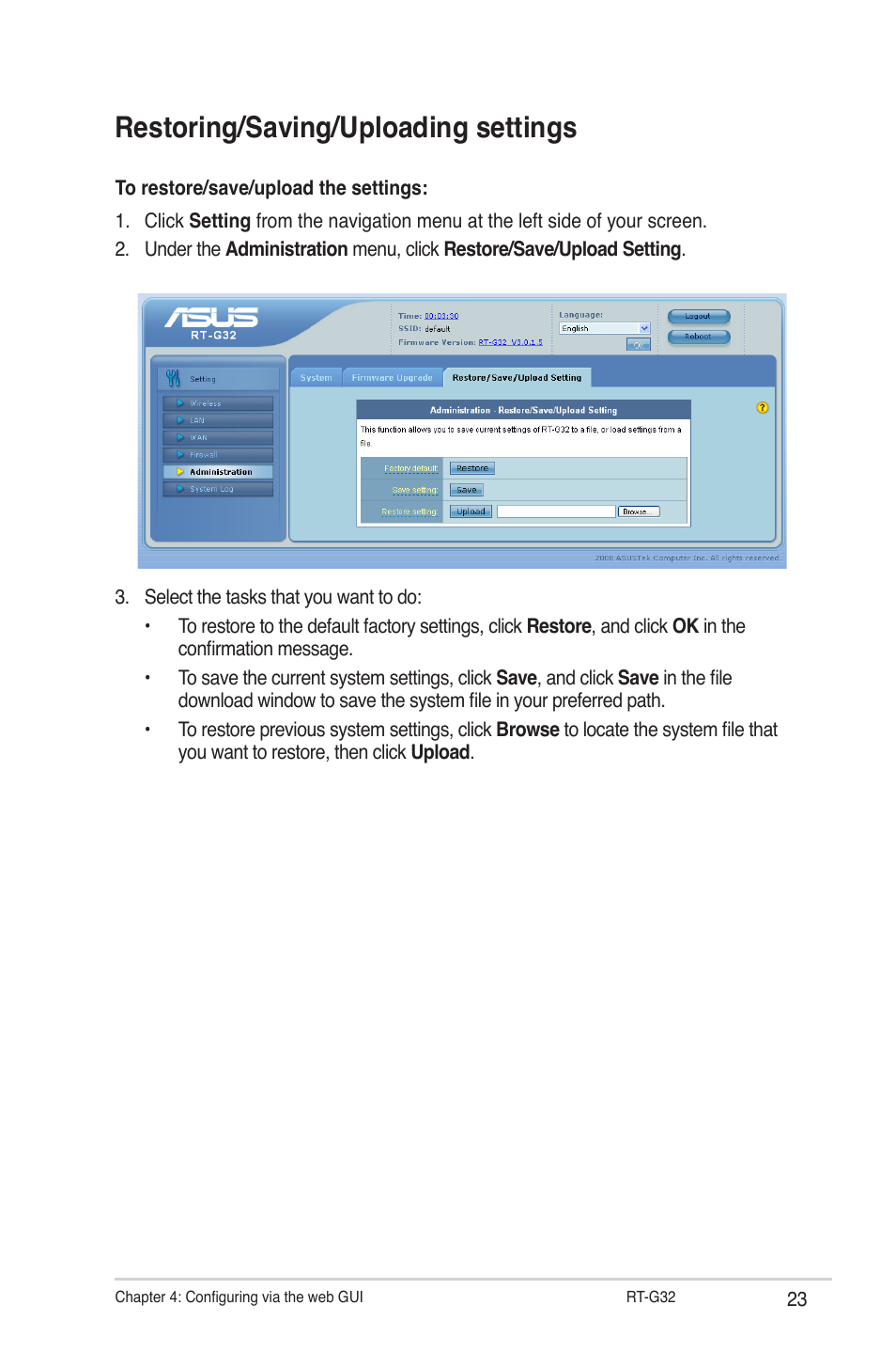 Restoring/saving/uploading settings | Asus RT-G32 User Manual | Page 23 / 44