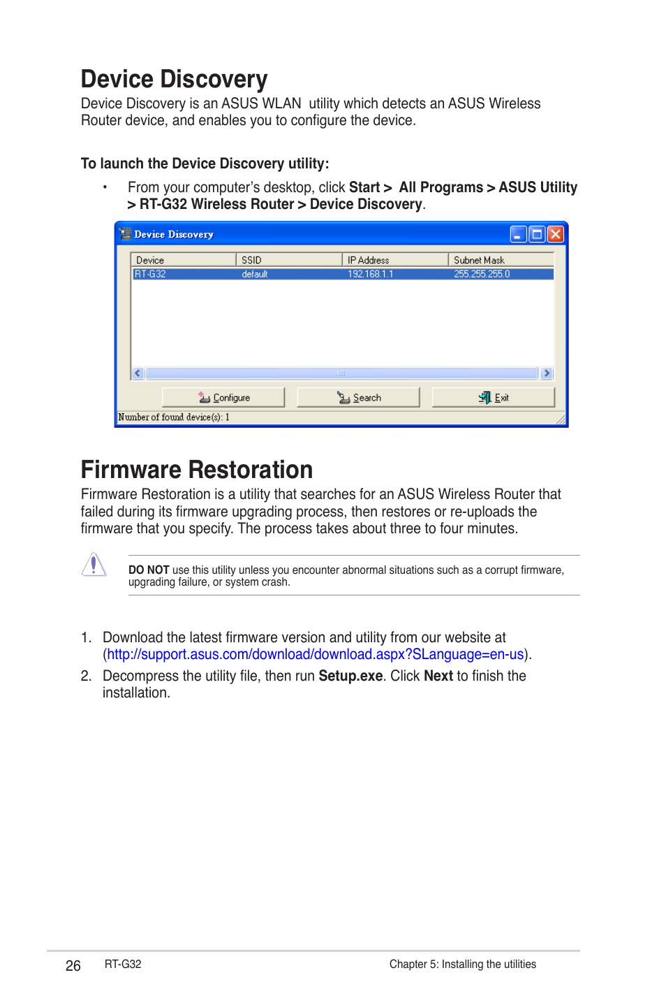Firmware restoration, Device discovery, Firmware restoration device discovery | Asus RT-G32 User Manual | Page 26 / 44