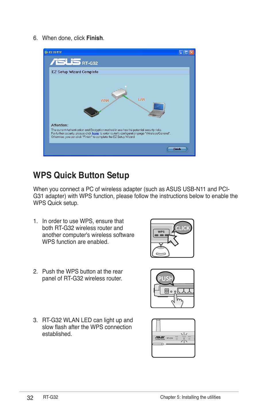 Wps quick button setup | Asus RT-G32 User Manual | Page 32 / 44