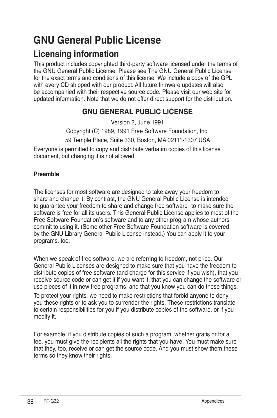 Gnu general public license, Licensing information | Asus RT-G32 User Manual | Page 38 / 44