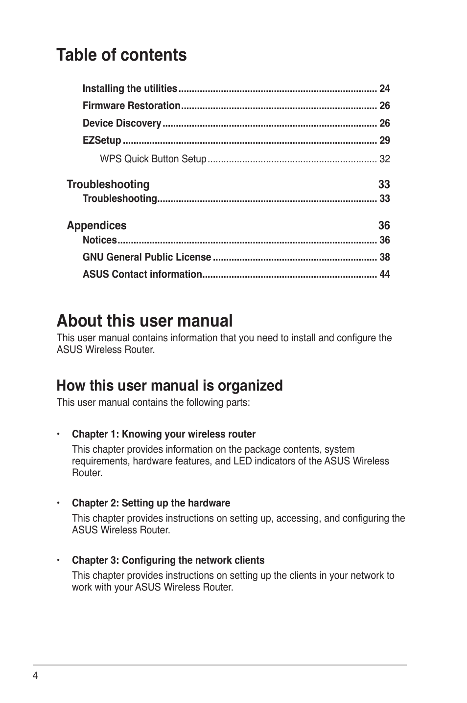 About this guide, How this guide is organized, Table of contents about this user manual | How this user manual is organized | Asus RT-G32 User Manual | Page 4 / 44