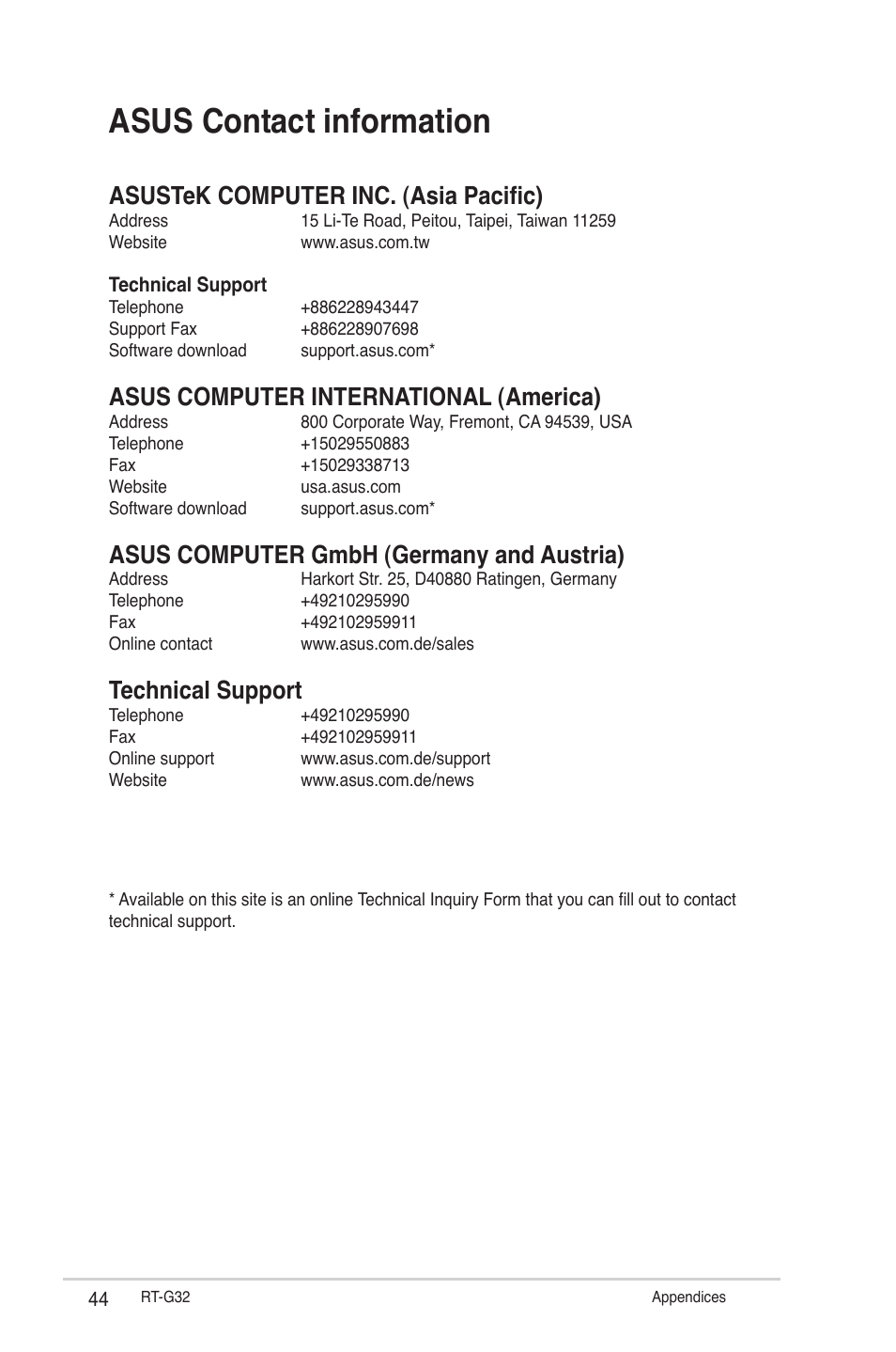 Asus contact information, Asustek computer inc. (asia pacific), Asus computer international (america) | Asus computer gmbh (germany and austria), Technical support | Asus RT-G32 User Manual | Page 44 / 44