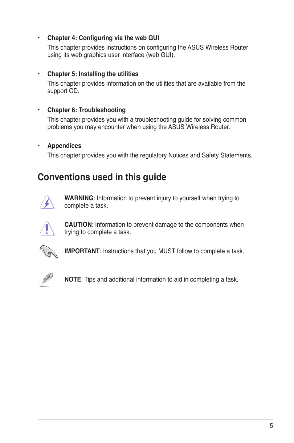 Conventions used in this guide | Asus RT-G32 User Manual | Page 5 / 44