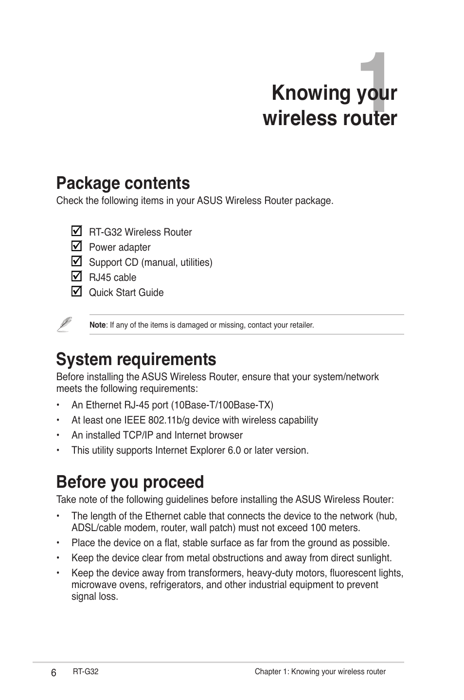 Knowing your wireless router, Package contents, System requirements | Before you proceed | Asus RT-G32 User Manual | Page 6 / 44