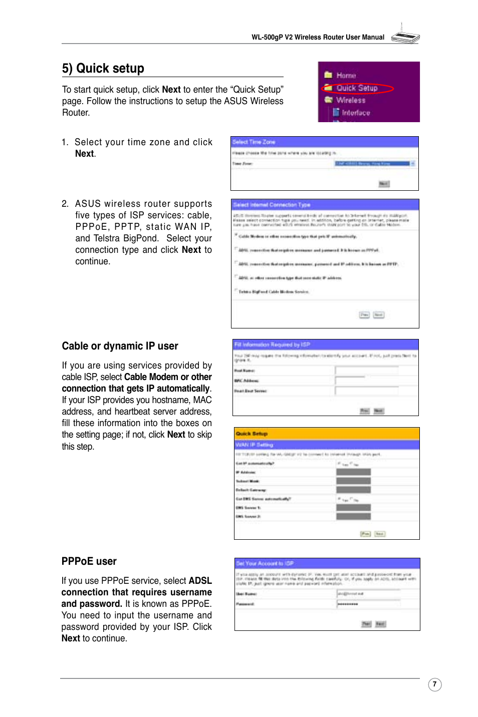 5) quick setup | Asus WL-500gP V2 User Manual | Page 10 / 55